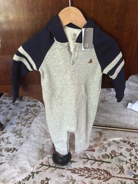 GAP Heather Gray and Navy Hooded Baby Romper
